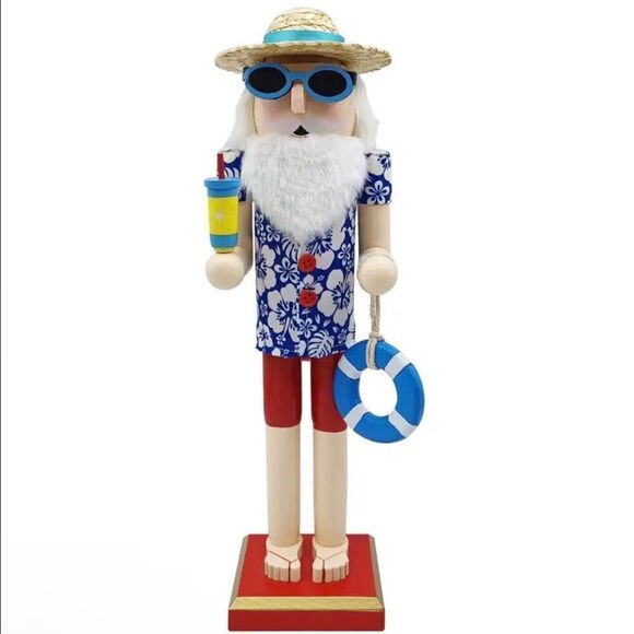 Wooden Nutcracker Figurine Unique Hawaiian Beach Vibe Style Christmas Home Decor - Picture 1 of 6